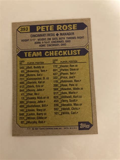 Baseball Card 393 Manager Pete Rose 14 Topps Circa 1987 EBay