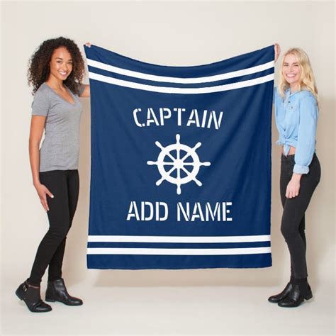 Custom Navy Nautical Wheel Boat Captain Stripes Fleece Blanket