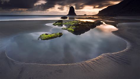 Tidal Pool On Sandy Beach At Sunset Tenerife Canary Islands Spain