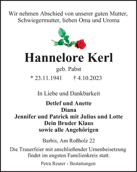 Traueranzeigen Von Hannelore Kerl Harztrauer De