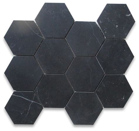 Nero Marquina Black Marble 4 Inch Hexagon Mosaic Bathroom Tile Honed 1