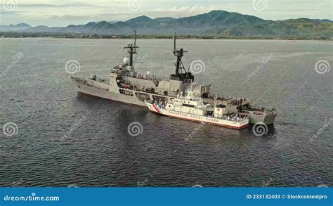 Pull Out Aerial Of Philippine Navy And Coastguard Ship Ps17 In Surigao