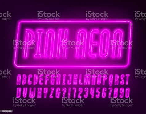 Ilustración De Fuente Del Alfabeto Pink Neon Letras Estrechas De Neón Números Y Símbolos Y Más