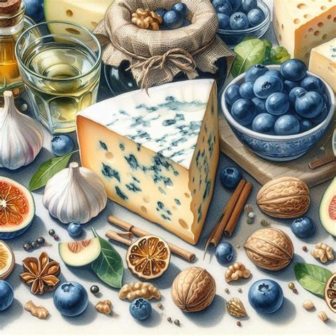 Gorgonzola queso azul comida naturaleza muerta acuarela ilustración