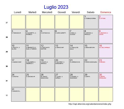 Calendario Luglio 2023 Con Festività E Fasi Lunari