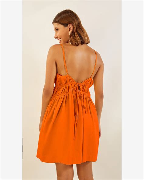 Riachuelo Vestido Zinco Curto Decote V Com Franzido Laranja