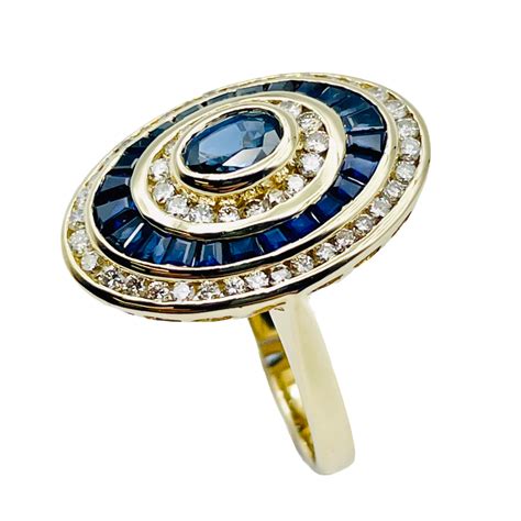 Bague Or Jaune K Avec Saphirs Calibr S Et Diamants Brillants Taille