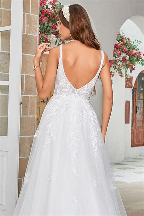 Zapaka Women Ivory Sweep Train Wedding Dress With Lace V Neck A Line Tulle Zipper Back Bridal