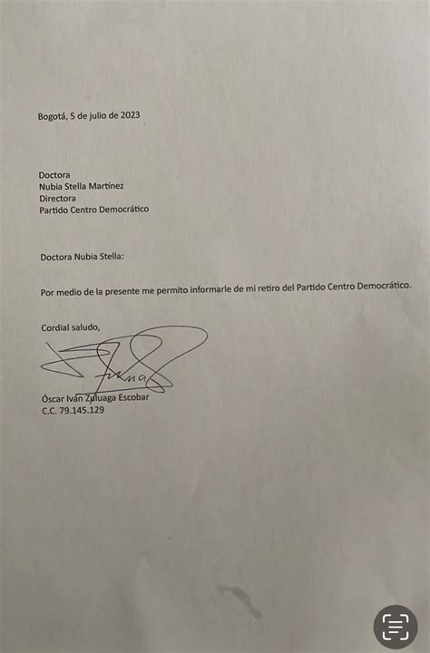 Esta Es La Escueta Carta De Renuncia De Óscar Iván Zuluaga Al Partido Centro Democrático