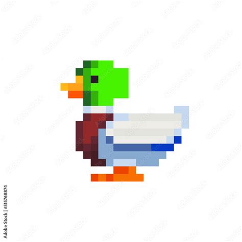 Duck Pixel Art Character 8 Bit Sprite Isolated Vector Illustration Sticker Design Stock