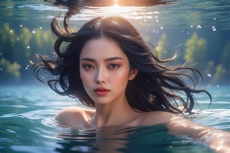 Premium Ai Image A Beautiful Woman Swims In The Lake