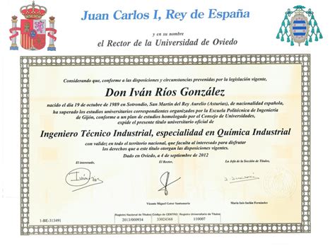 Título Oficial de Ingenieria Técnica Industrial esp Química