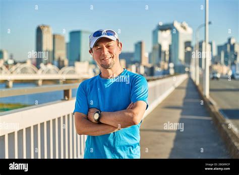 Mature Japanese Man Training Downtown Stock Photo Alamy