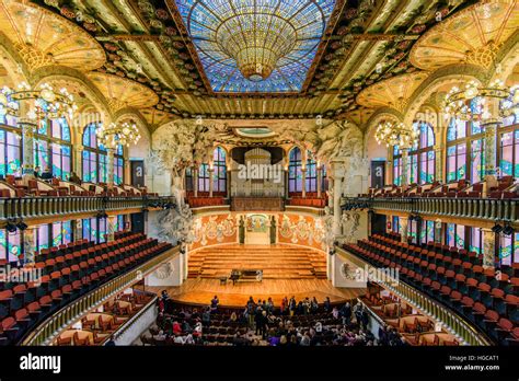 Interior view of the Palau de la Musica Catalana or Palace of Catalan Music, Barcelona ...