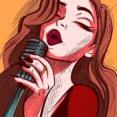 Closeup illustration of a woman singing on the microphone with her ...