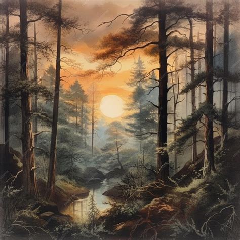 Premium AI Image | A painting of a forest with a sunset in the background.