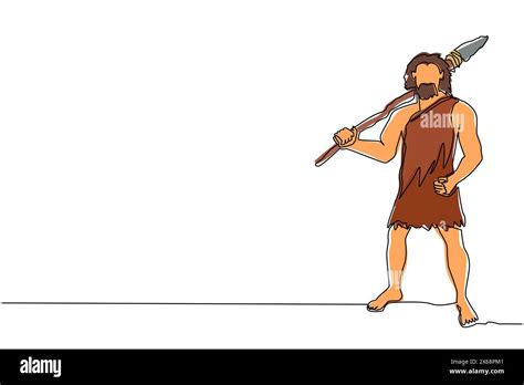 Single Continuous Line Drawing Prehistoric Man Holding Stone Spear On