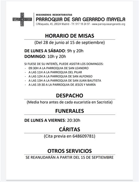 Horarios De Misa Parroquia San Gerardo Mayela