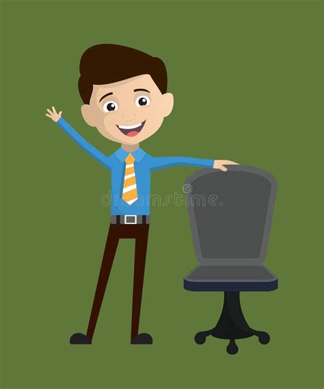 Salesman Employee Standing With Chair And Gesturing With Hand Stock