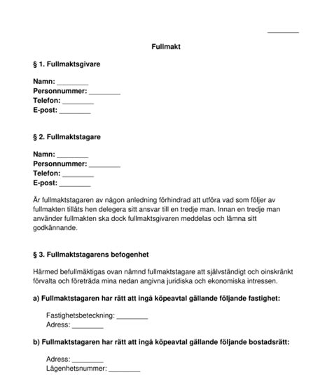 Fullmakt Mall Exempel Att Fylla I Word Och Pdf