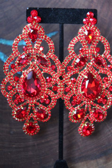 Large Red Earrings, Red Oversized Pageant Earrings, Red Large Chunky ...