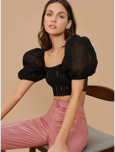 Buy Shein Puff Sleeve Mesh Bustier Crop Top Online Topofstyle