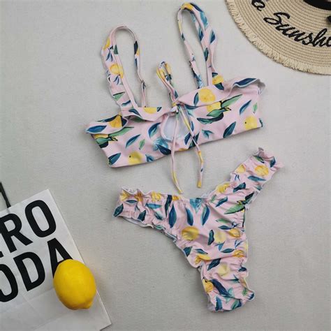 Lilgiuy Women S Charming High Breast Contrast Print Split Bikini Set