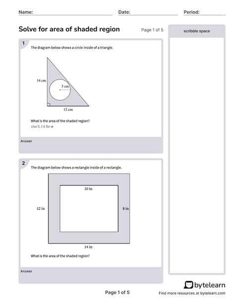 Area Of Shaded Region Worksheet