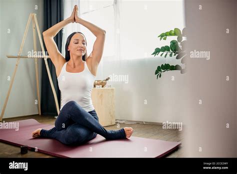 Young Caucasian Woman Meditate With Crossed Legs Lady In Sporty