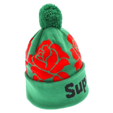 シュプリーム 22aw Rose Beanie ローズビーニー ローズ柄ボンボンニット帽 アクリルニット グリーン 9023e150102