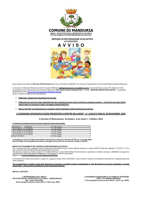 Avviso Iscrizioni Al Servizio Di Ristorazione Per Lanno Scolastico