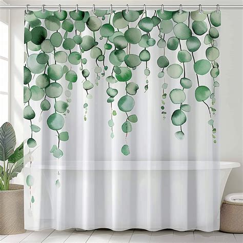 Watercolor Eucalyptus Shower Curtain White Cotton Gauze Fabric