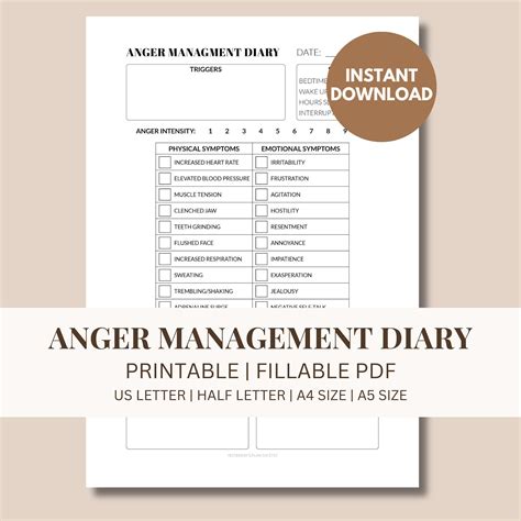 Anger Management Diary Tracker Printable Anger Management Template Emotion Tracker Template