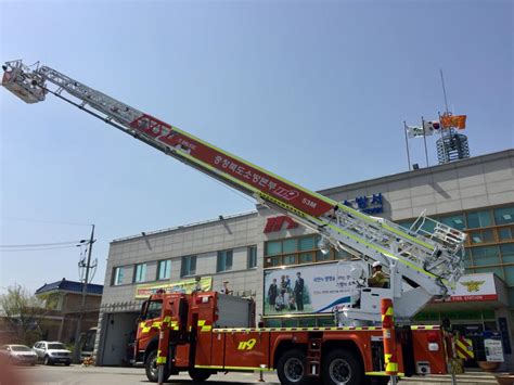 보은소방서 최신형 고가사다리차 배치아파트 18층53m 높이 전개 가능