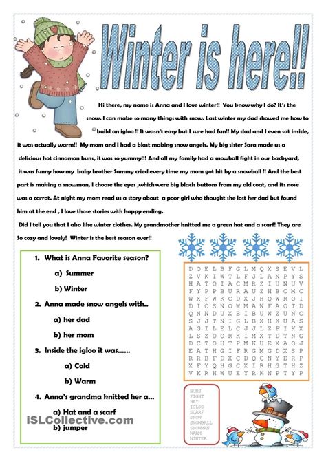 Free Winter Reading Comprehension Worksheets Printable And Enjoyable Learning