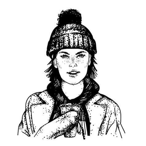 Premium Vector Hand Drawn Woman In Knitted Hat With Fur Pompom