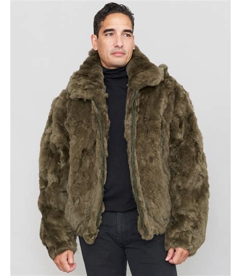 Lincoln Rabbit Fur Hooded Bomber Jacket For Men In Olive Furhatworld