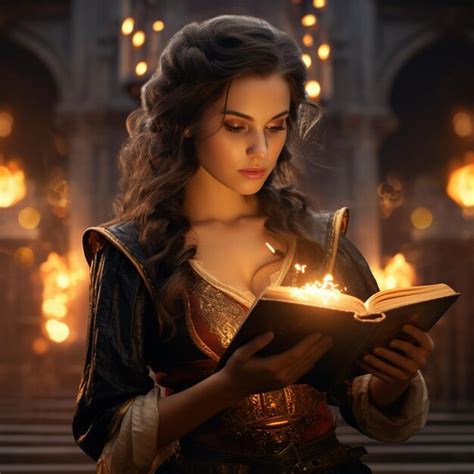 Premium Ai Image A Woman In A Gold Dress Is Holding A Book With A Lit