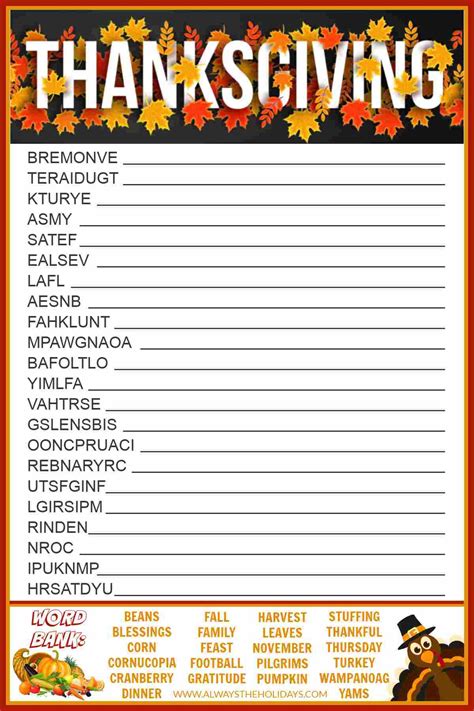 Get a Free Printable Thanksgiving Word Scramble with Answers
