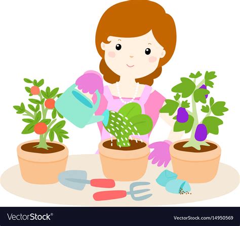 Happy Woman Watering Plants Cartoon Royalty Free Vector