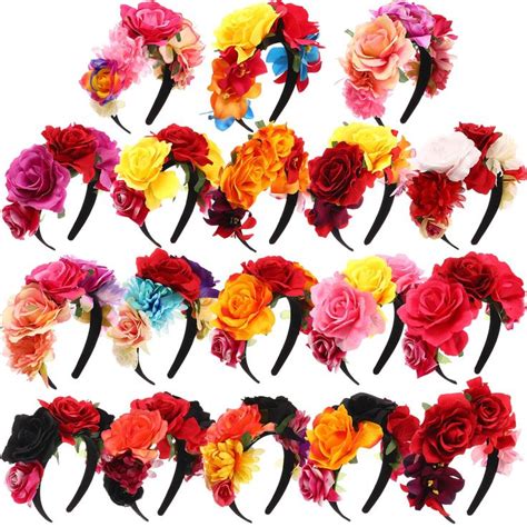 Xinnun 18 Pcs Mexican Rose Flower Crown Headband Easter Mardi Gras