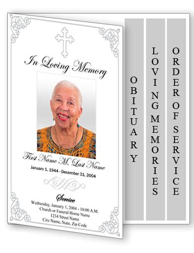 Grey Ornate Cross Funeral Program Template 4 Page Graduated Fold Elegant Memorials