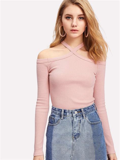 Criss Cross Neck Ribbed Crop Tee Shein Sheinside