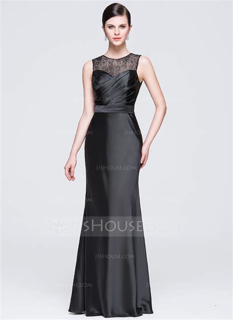 Sheath Column Scoop Neck Floor Length Satin Lace Evening Dress With