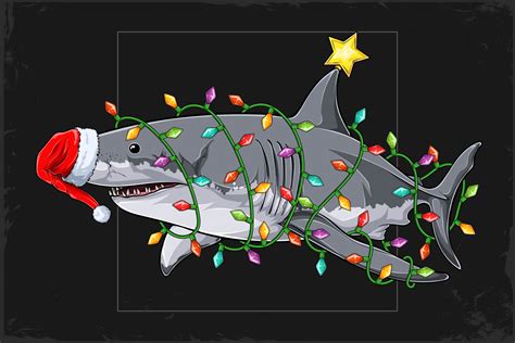 Christmas Great White Shark Wearing Santa Claus Hat And Surrounded By