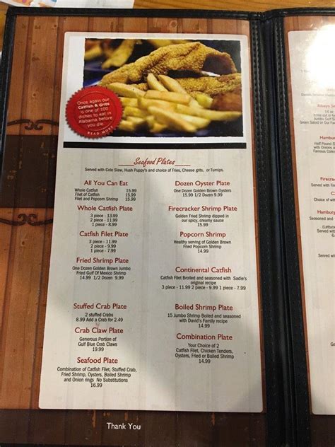 Menu at David's Catfish House restaurant, Thomasville