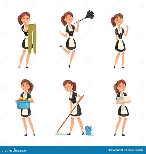 Smiling Maid Or Housemaid In Black Dress And White Apron Dusting Mopping The Floor And Doing