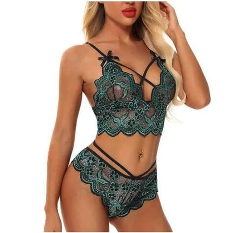 Femme Ensemble Lingerie Dentelle Fleurs Nuisettes Transparente Col en V Brassière Bretelles sous