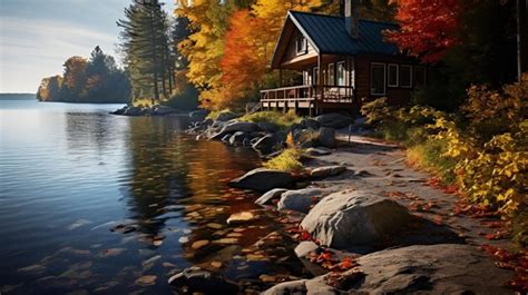 Premium Ai Image A Serene Lakeside Cabin Surrounded By Autumn Foliage