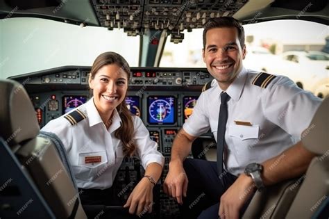 Premium Photo Two Pilots Male And Female Of An International Passenger Flight Sitting In The